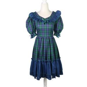 Vintage 70s Call it Fancy navy blue and green plaid square dance dress 6